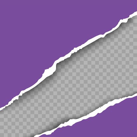 Tear paper frame realistic vector illustration. Blank violet paper on transparent backgroundのイラスト素材