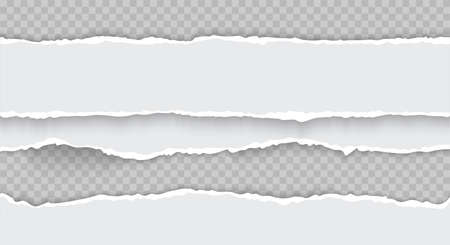 Horizontal torn paper edge pieces. Paper realistic vector texture. Rough broken border of paper stripe isolated on transparent backgroundのイラスト素材