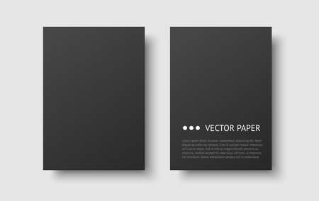 Black sheet of paper. Realistic vector empty paper note template of A4 format with soft shadows isolated on white backgroundのイラスト素材