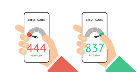 Hands holding smartphones with credit score app on the screen in flat style with different level bad and good vector isolated on white backgroundのイラスト素材