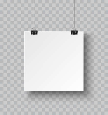 Square paper poster hanging on a rope with clip and soft shadow realistic vector iluustration isolated on transparent backgroundのイラスト素材