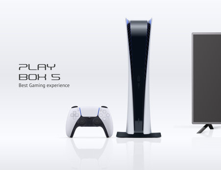 Vector play console with gamepad, TV and reflections isolated on white background. Next 5 generation...