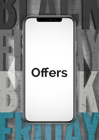 Black friday sale layout background. Realistic smartphone on brack wall wit test Black Friday