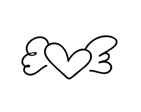 Hand drawn heart with wings vector symbol isolated on white backgroundのイラスト素材