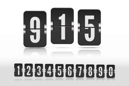 Set of black flip numbers on a mechanical scoreboard with reflection isolated on white and floating on different height. Vector template for your design.のイラスト素材