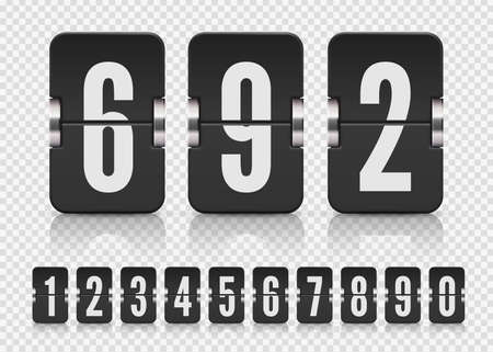 Set of black flip numbers on a mechanical score board with reflection on transparent background. Vector template for your design.のイラスト素材