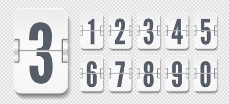 White set of flip numbers on a mechanical scoreboard with shadows isolated on transparent background. Vector template for your design.のイラスト素材