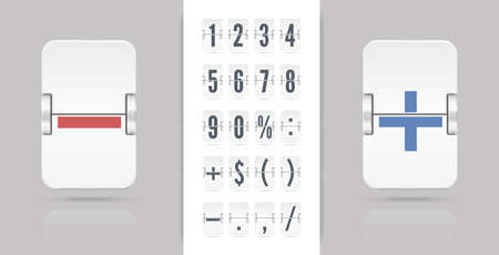 Flip countdown number ans symbols with reflections isolated on gray background. Vector illustration template. Vintage flip clock time counter vector template. White acoreboard number font.のイラスト素材