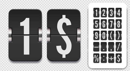 Set of flip scoreboard numbers and symbols with shadows for black countdown timer or calendar on transparent background. Vector template for your design.のイラスト素材