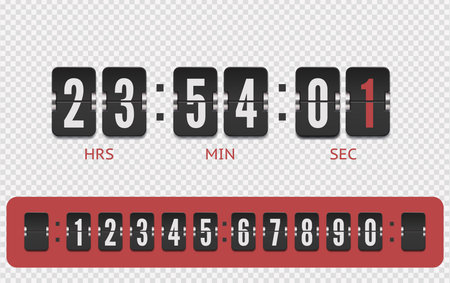 Scoreboard countdown number font with shadows isolated on transparent background. Vintage flip clock...