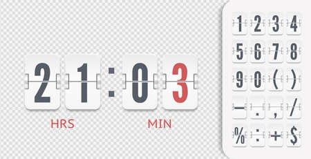 White analog countdown number font. Flip numbers and symbols font for information web page or time counter. Vintage floating symbols for time meter vector template.のイラスト素材