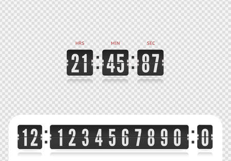 Retro design score board floating clock template. Vector modern ui design of old time meter with numbers. Scoreboard number font isolated on transparent backgroundのイラスト素材