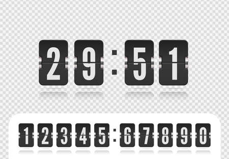 Scoreboard number font. Flip countdown number with reflections isolated on transparent background. Vintage floating flip clock time counter vector template. Vector illustration template.のイラスト素材