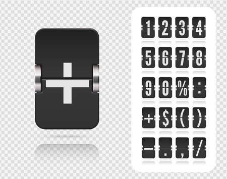 Analog black countdown timer number font. Vector illustration template. Floating flip number and symbol scoreboard with reflections on transparent background.のイラスト素材