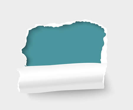 Hole with ripped edges and rolled side in white paper sheet realistic vector illustration with copyspace. Advertising banner or poster design element.のイラスト素材