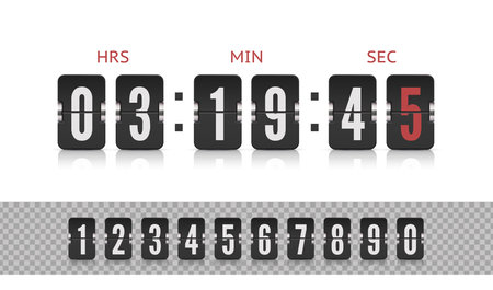 Scoreboard number font with reflections isolated on white background. Vintage flip clock time counter vector template. Analog airport board countdown timer with hour and minute flip number.のイラスト素材