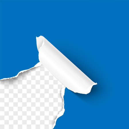 Torn hole of lower left corner of blue sheet with paper curl and transparent background of the resulting window. Realistic vector template paper design.のイラスト素材