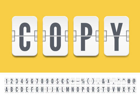White airport terminal mechanical scoreboard font with numbers for flight destination info declaration. Retro vector flip board alphabet to display advertising information on bright background.のイラスト素材