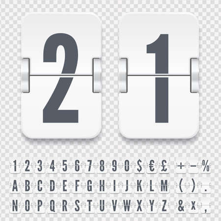 Airport flip board mechanical abc with numbers and symbols for flight departure or arrival information showing. White terminal scoreboard font to display destination and timetable vector illustration.のイラスト素材