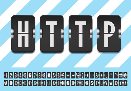 Airport terminal mechanical scoreboard alphabet with numbers for showing flight departure or arrival information. Black flip board font to display status vector illustration.のイラスト素材