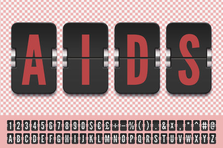 Flip countdown timer font with shadows isolated on transparent background. Vector illustration template. Scoreboard numbers and symbols alphabet. Vintage flip clock time counter vector template.のイラスト素材