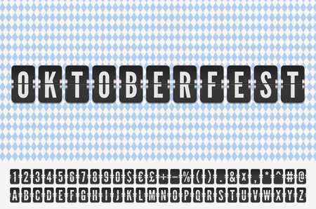 Mechanical airport flip board font with flight info of departure in october to destination in Europe Munich. Vector illustration on oktoberfest backgroundのイラスト素材