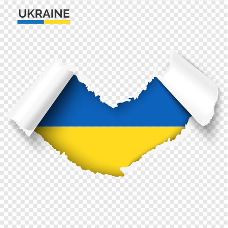 Support Ukraine concept. Hole in paper with rolled side and Ukrainian flag inside. Heart shape paper hole realistic vector illustrationのイラスト素材