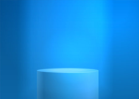 Blank round pedestal . Blue awarded winner podium for luxury product display on blue lighting background realistic vector illustrationのイラスト素材