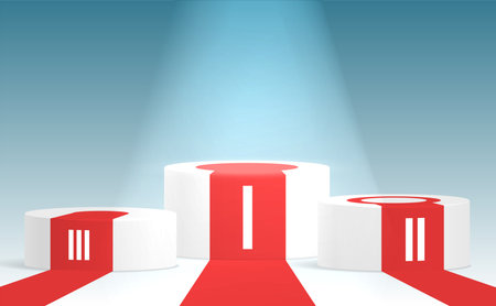 Winners podium white with red carpets. Stage for awards ceremony. Pedestal with spotlight realistic 3D vector illustration.のイラスト素材