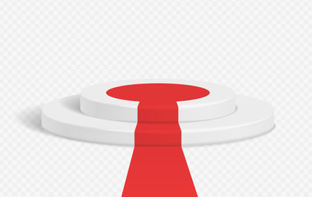 Round podium with red carpet isolated on transparent background. Pedestal realistic vector illustration. Step stagesのイラスト素材