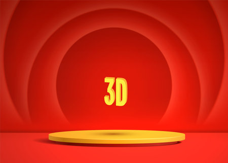 Podium 3D abstract vector illustration studio room. Yellow geometric platform with red circle overlap background. Modern minimal scene for demonstration of cosmetic products.のイラスト素材