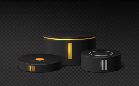Winner pedestal. Black cylinder podium with red carpet realistic mockup. First second third place award ceremony vector 3d conceptのイラスト素材