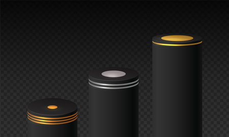 Black 3d podium mockup in cylinder shape. Empty stage or pedestal mockup on transparent background. Podium or platform for award ceremony and product presentation. Vectorのイラスト素材