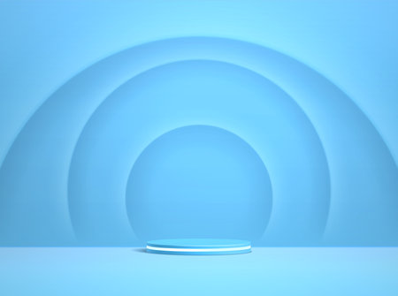 Podium 3D abstract vector illustration studio room. Blue geometric platform with blue circle overlap background. Modern minimal scene for demonstration of cosmetic products.のイラスト素材