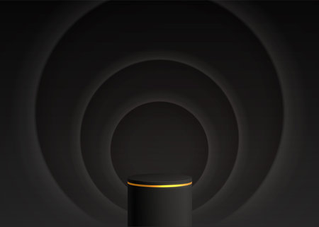Podium. Vector rendering 3d shape for product display presentation. Luxury black step cylinder pedestal podium on black background. Studio room. Minimal wall scene.のイラスト素材