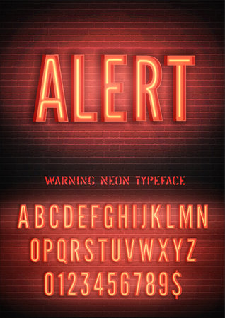 Alert night light box extra glow effect narrow font with numbers on dark brick wall background. Vector red warning neon alphabetの写真素材