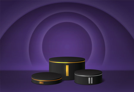 3d podium platform cylinders realistic vector illustration. Black pedestal stages for product presentation or winner steps, abstract stand mockup of circle geometric shape on violet backgroundのイラスト素材
