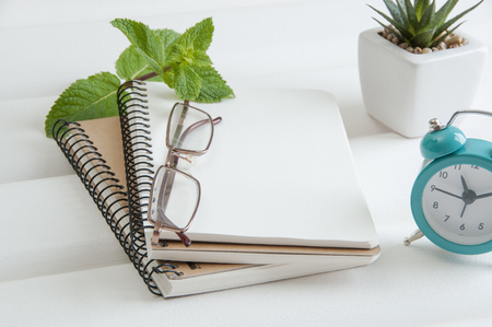 Notebooks, alarm clock and sprig of mint on white wooden backgroundの写真素材