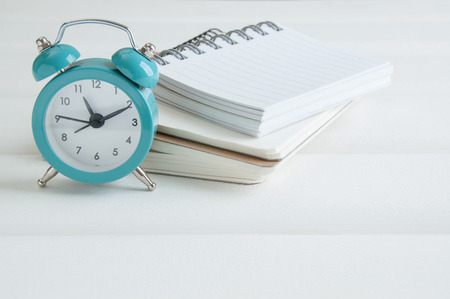 Notebooks, alarm clock and sprig of mint on white wooden backgroundの写真素材