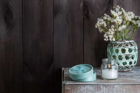 Bedroom decor on brown wooden textured backgroundの写真素材