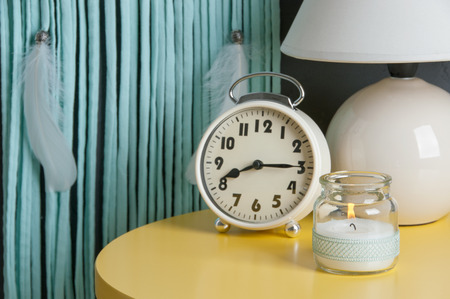 Bedroom decor on gray textured background. Copy space for text.の写真素材