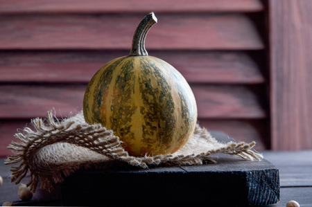 Pumpkin on wooden background. Holiday decorations, copy space for text.の写真素材