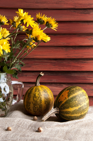 Pumpkins and yellow chrysanthemums. Holiday decorations, copy space for text.の写真素材