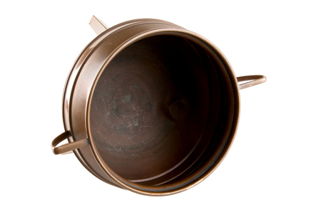 Top view of vintage copper flowerpot with handles isolated on white backgroundの写真素材