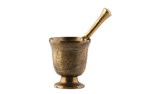Vintage bronze mortar with pestle isolated
 on white backgroundの写真素材