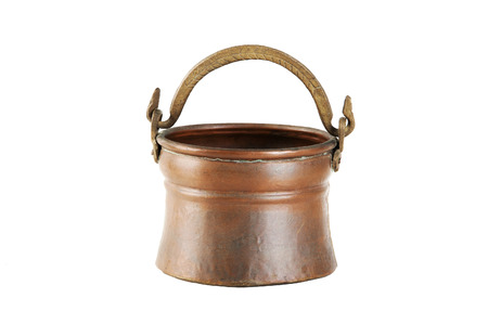 Vintage copper flower pot with brass handle isolated on whiteの写真素材