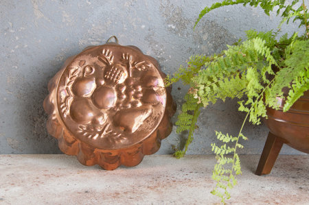 Vintage copper mold and green plant on a concrete background. Copy space for text.の写真素材
