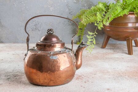Antique copper kettle and green plant in copper flower pot on concrete background. Copy space for text.の写真素材