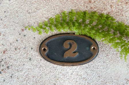 Brass door number 2 on concrete background. Copy space for text.