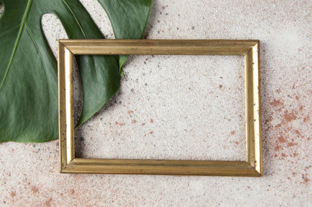 Antique brass empty picture frame and green leaf on concrete background. Photography props and copy...